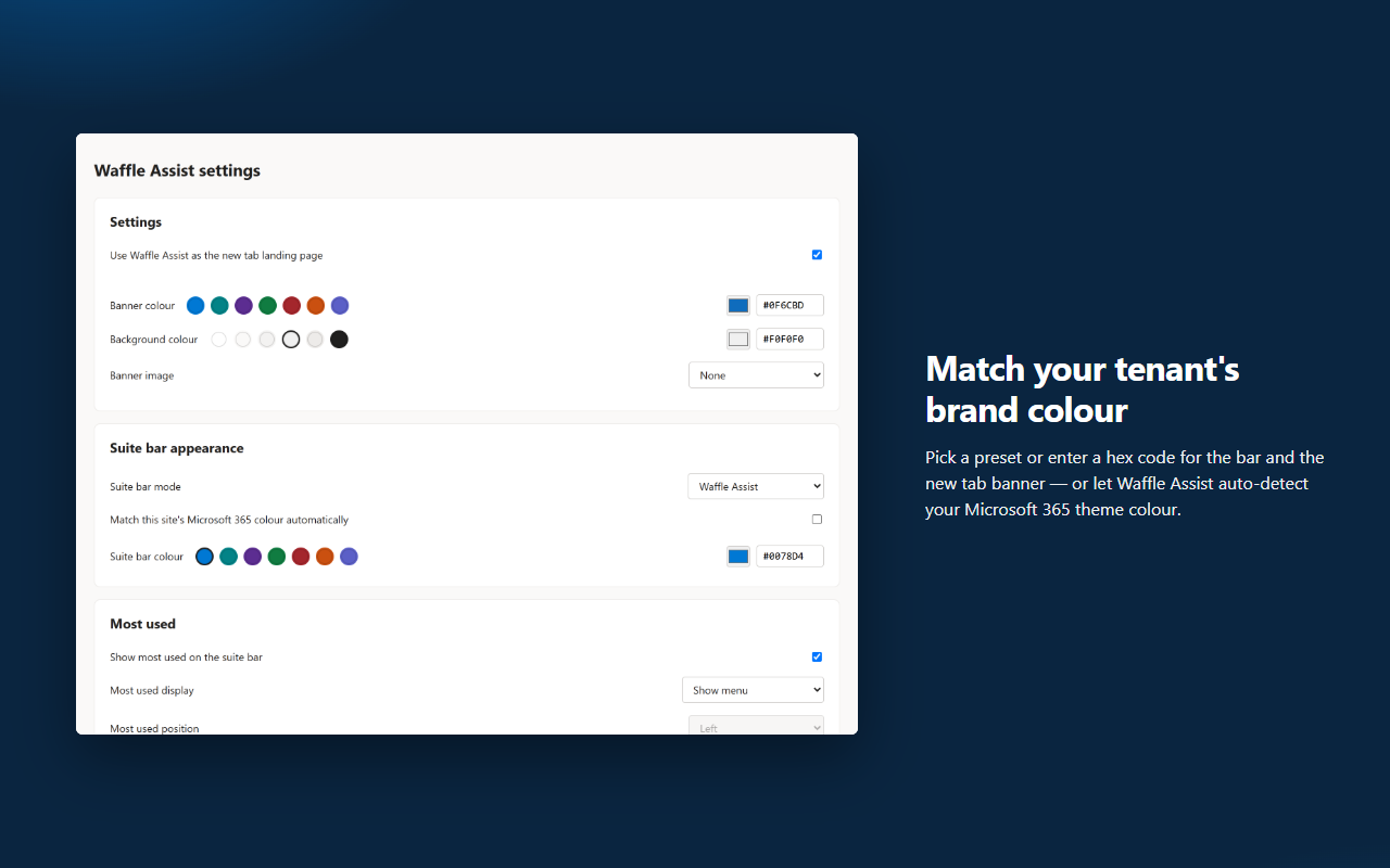 Waffle-Assist settings page for banner colour, background colour, banner image, and Suite Bar colour