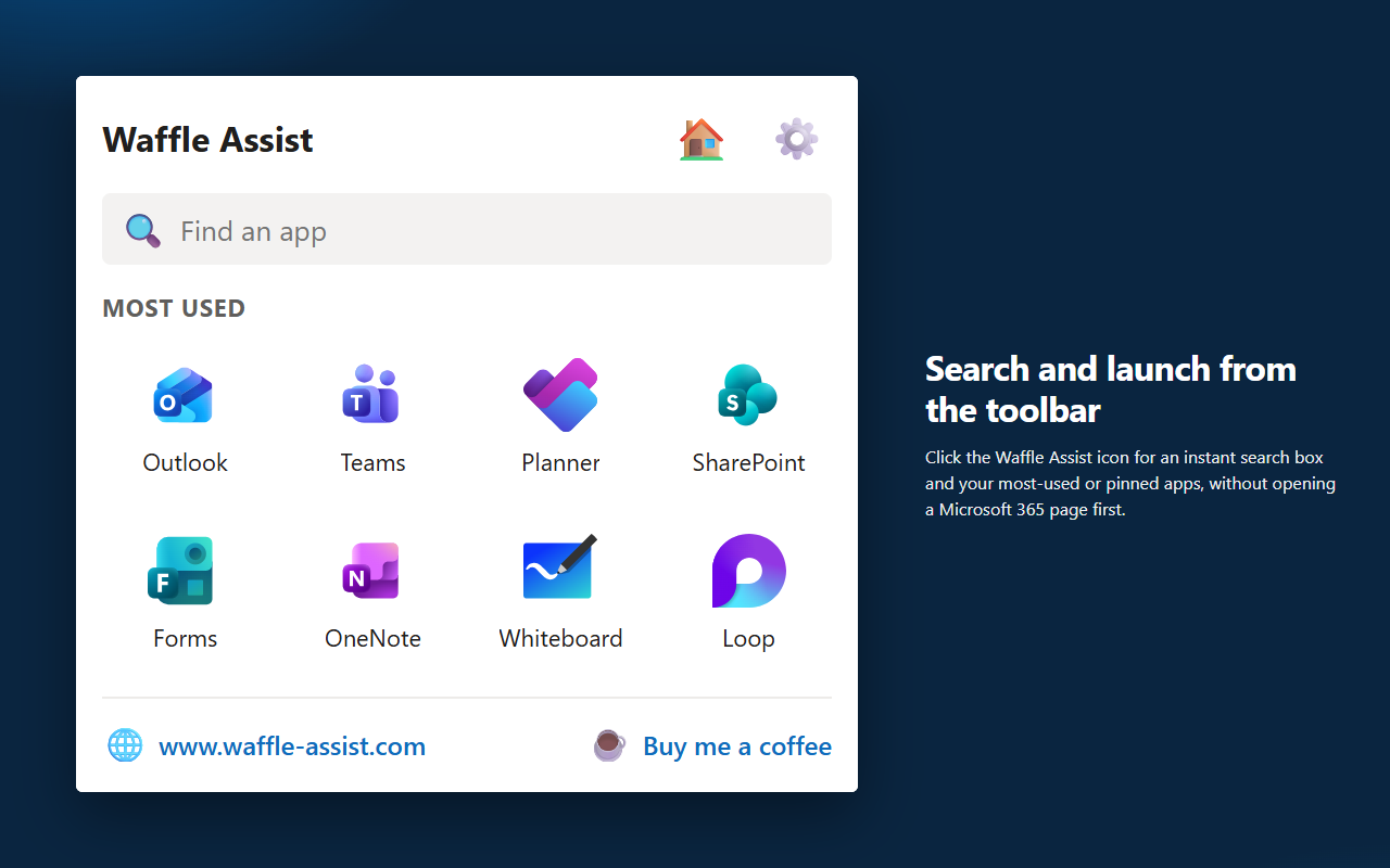 Waffle-Assist toolbar popup with search and most-used apps