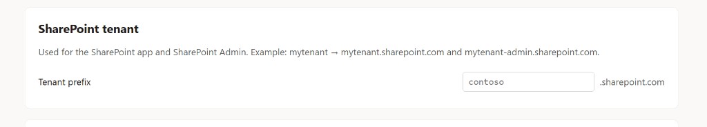 Waffle-Assist settings: SharePoint tenant prefix field, used for SharePoint and SharePoint Admin URLs